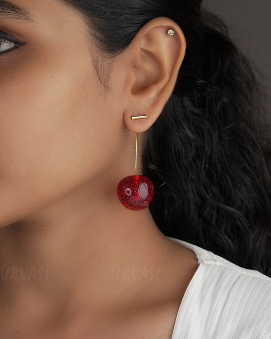 Gold-Polish Red Resin Cherry Drop Earrings ER 537