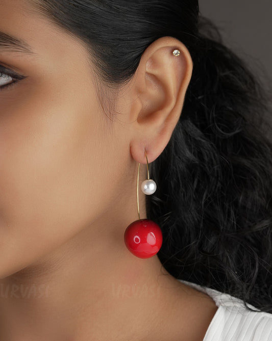 Gold-Polish Red Resin Cherry Drop Bead Earrings ER 539