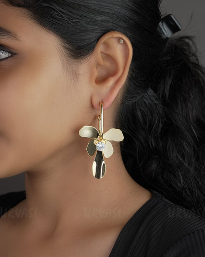 Glossy Gold-Toned Floral Drop Crystal Accent Earrings ER 545