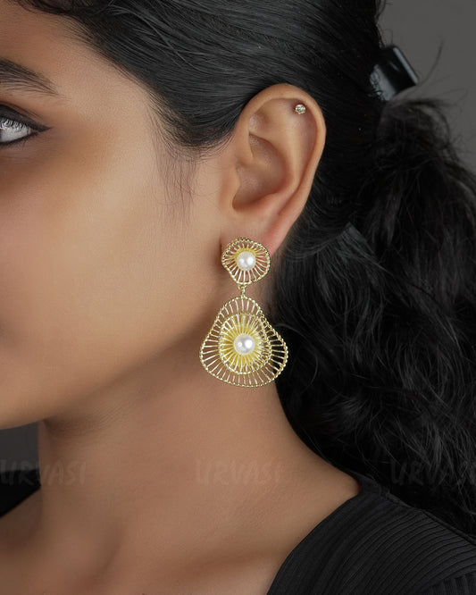 Gold-Toned Openwork Drop With White Faux Pearl Earrings ER 543