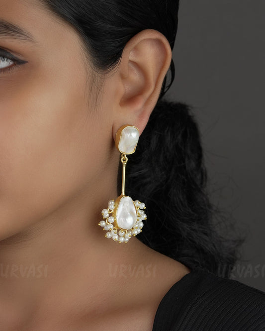 Gold Polish Drop Designed Mother of Pearls Earrings ER 739