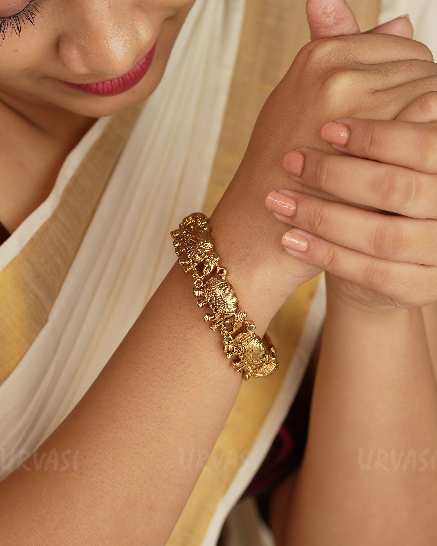 Gold-Polish Elephant Designed Stone bangles BA 351