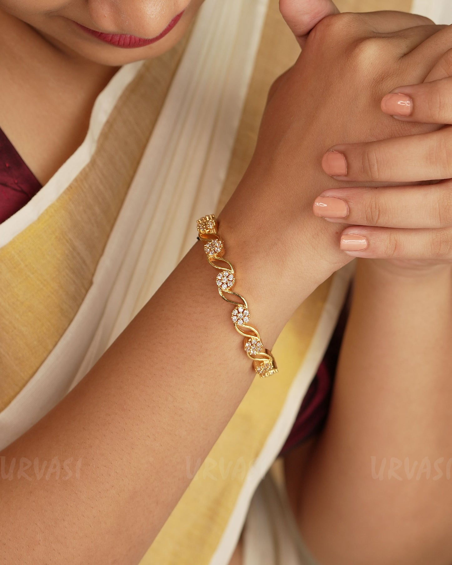 Gold-Toned Wavy Clear Stone Accents bangles BA 334