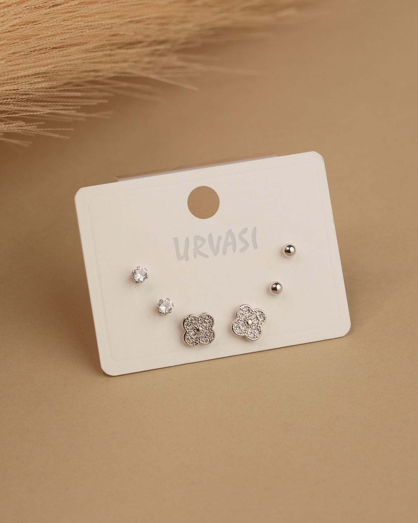 Rhodium Polish Flower Designed AD Stud Earrings ER 767