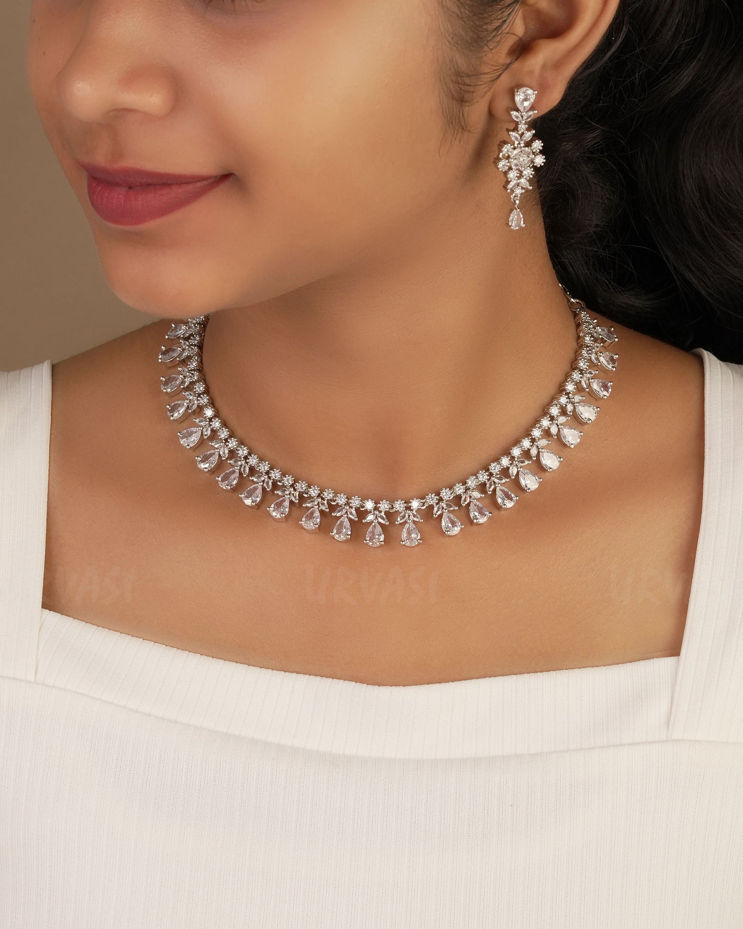 Rhodium Polish Leaf-Designed AD Necklace 1229