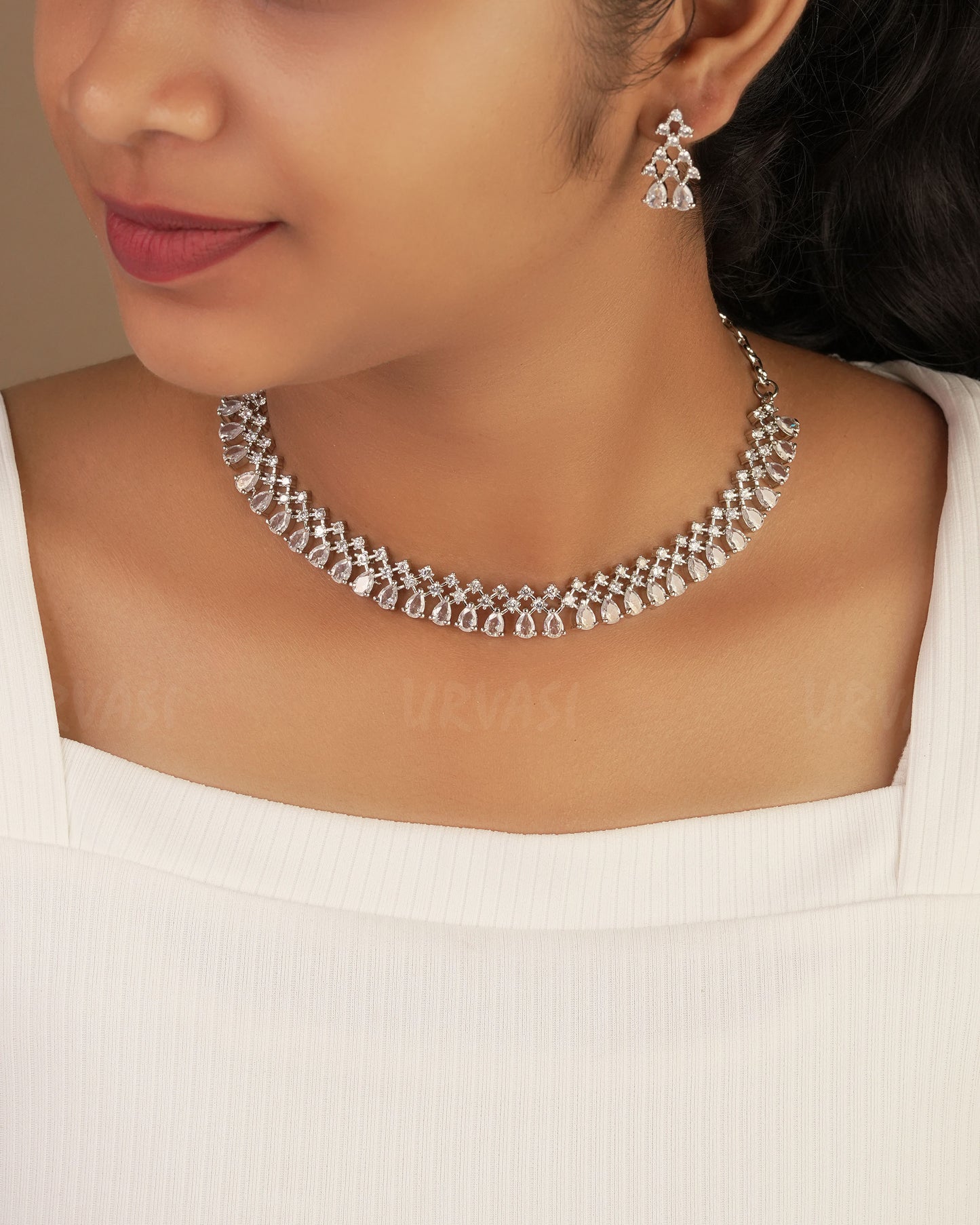 Rhodium Polish AD Tear-Drop Necklace 1220