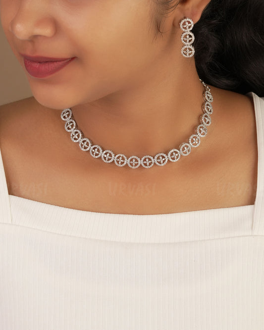 Rhodium Polish Floral Round-Designed AD Necklace 1222