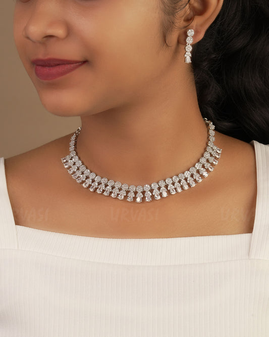 Rhodium Polish Tear-Drop Designed AD Necklace 1223