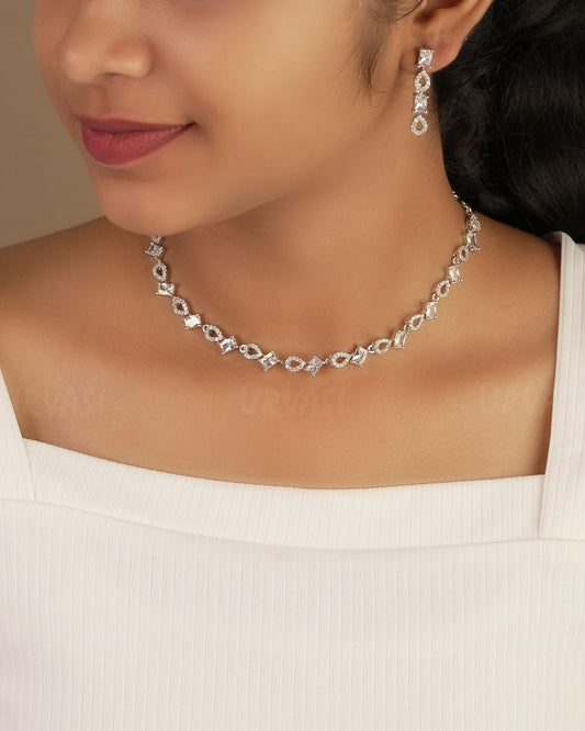 Rhodium Polish Tear-Drop Designed AD Necklace 1226