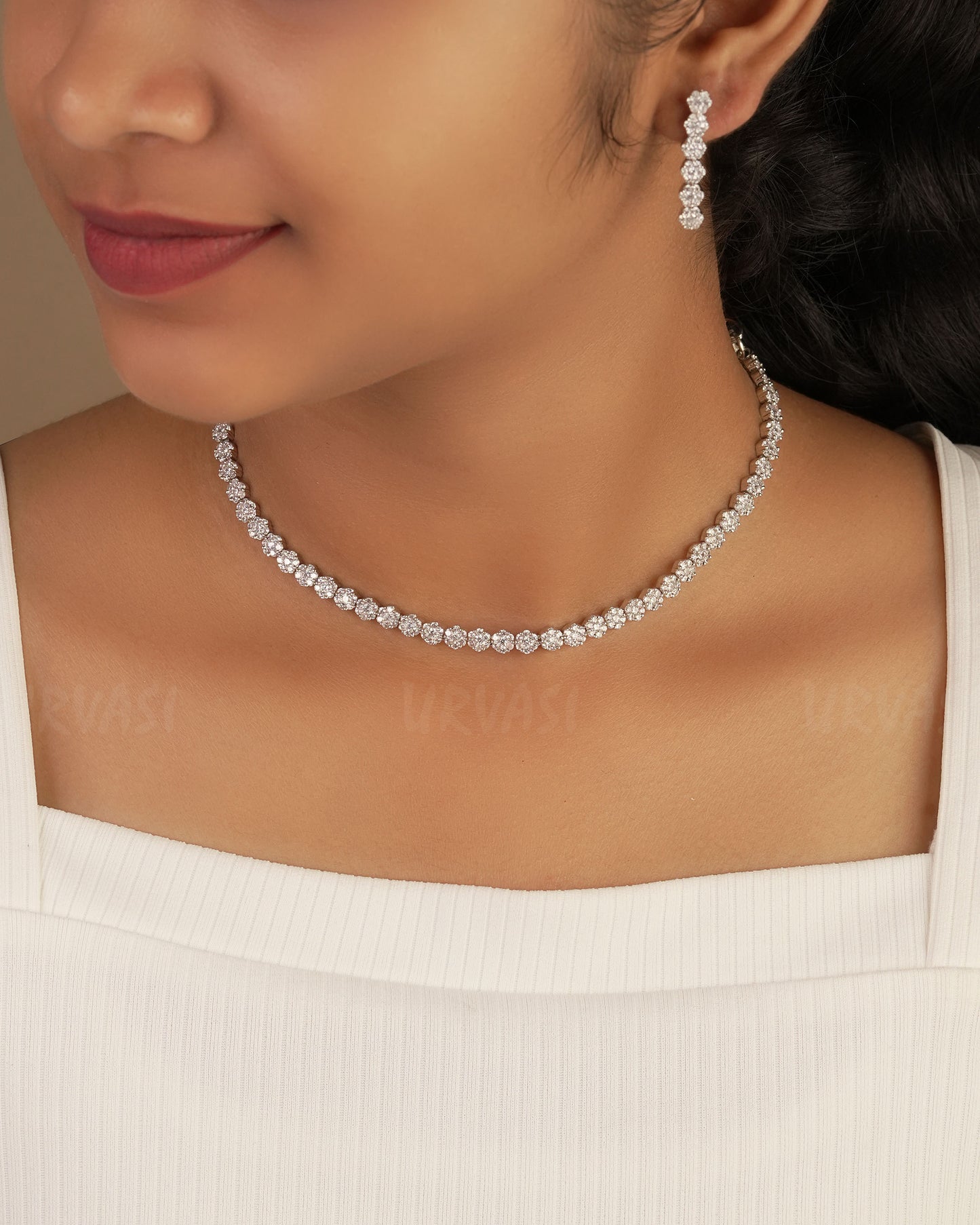 Rhodium Polish Floral AD Necklace 1227