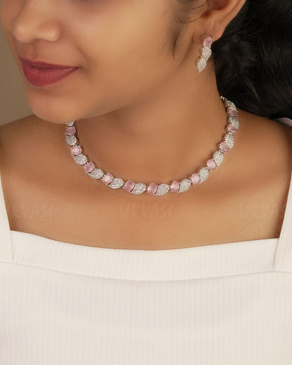 Rhodium Polish Leaf-Designed AD Necklace 1232