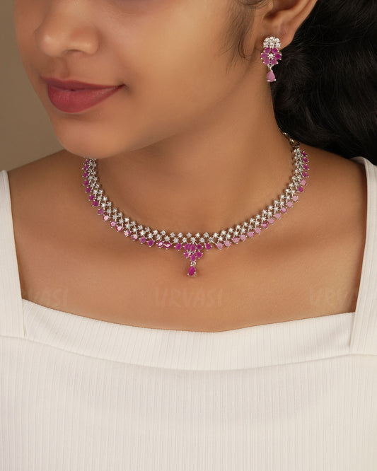 Rhodium Polish Tear-Drop Designed AD Necklace 1237