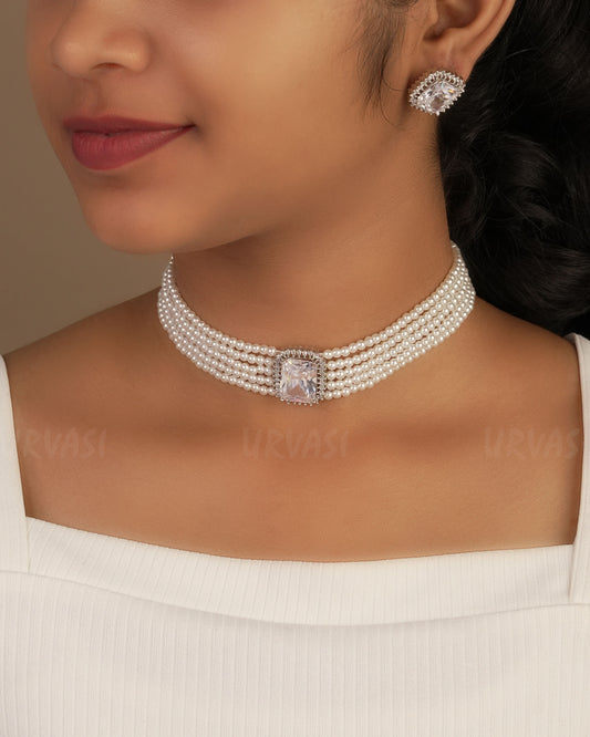 Rhodium Polish Pearl AD Choker Necklace 1239