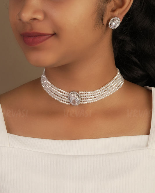 Rhodium Polish Pearl AD Choker Necklace 1240