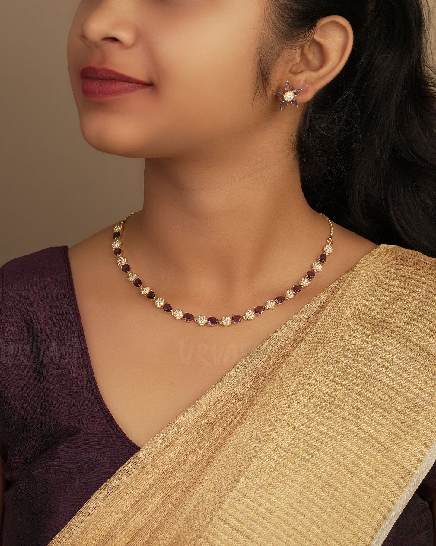 Gold-Polish Rain-Drop Designed AD Necklace 1250