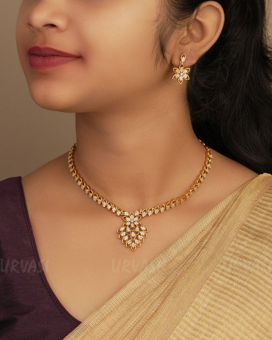 Gold-Polish Floral Pendant Stone Necklace 1251