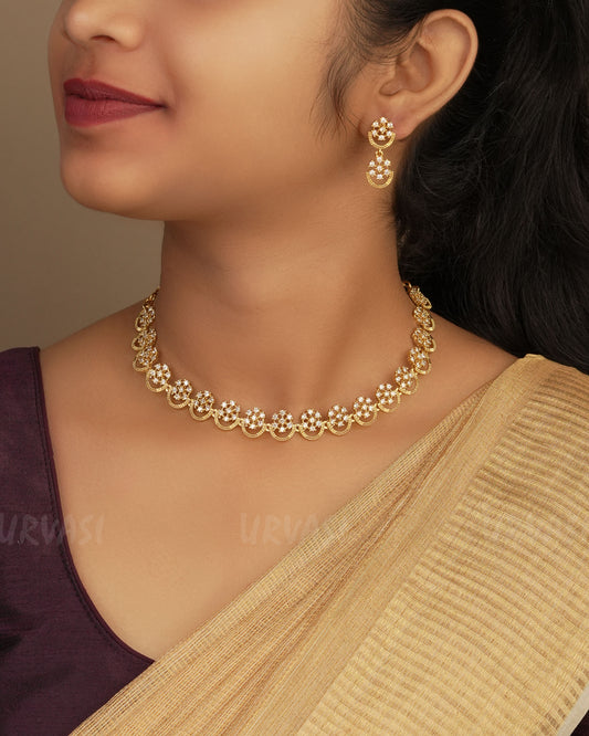 Gold-Polish Floral AD Necklace 1252