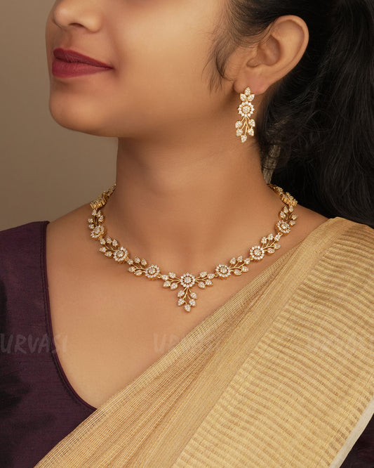 Gold Polish AD Floral Necklace 1256