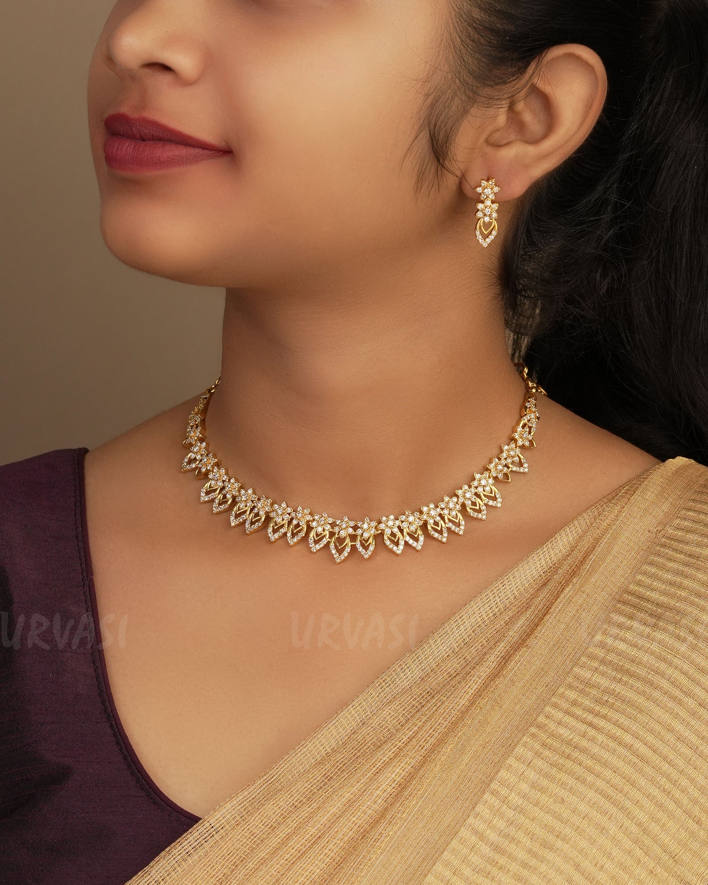 Gold-Polish Floral AD Stone Necklace 1254