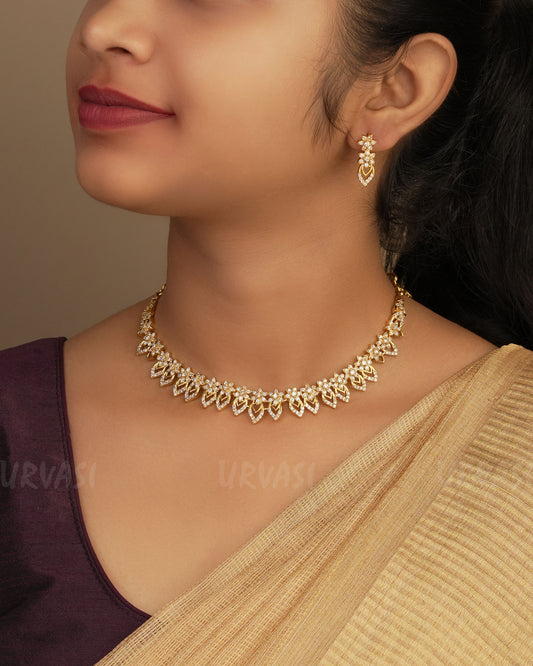 Gold-Polish Floral AD Stone Necklace 1254