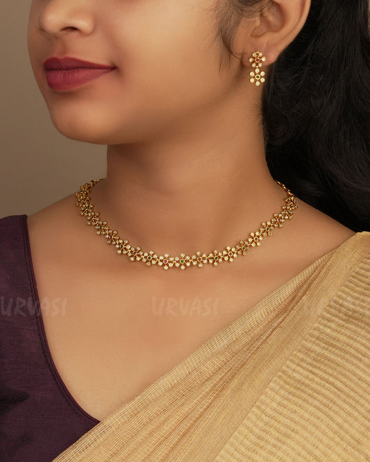 Gold-Polish Floral Stone-Studded Necklace 1245