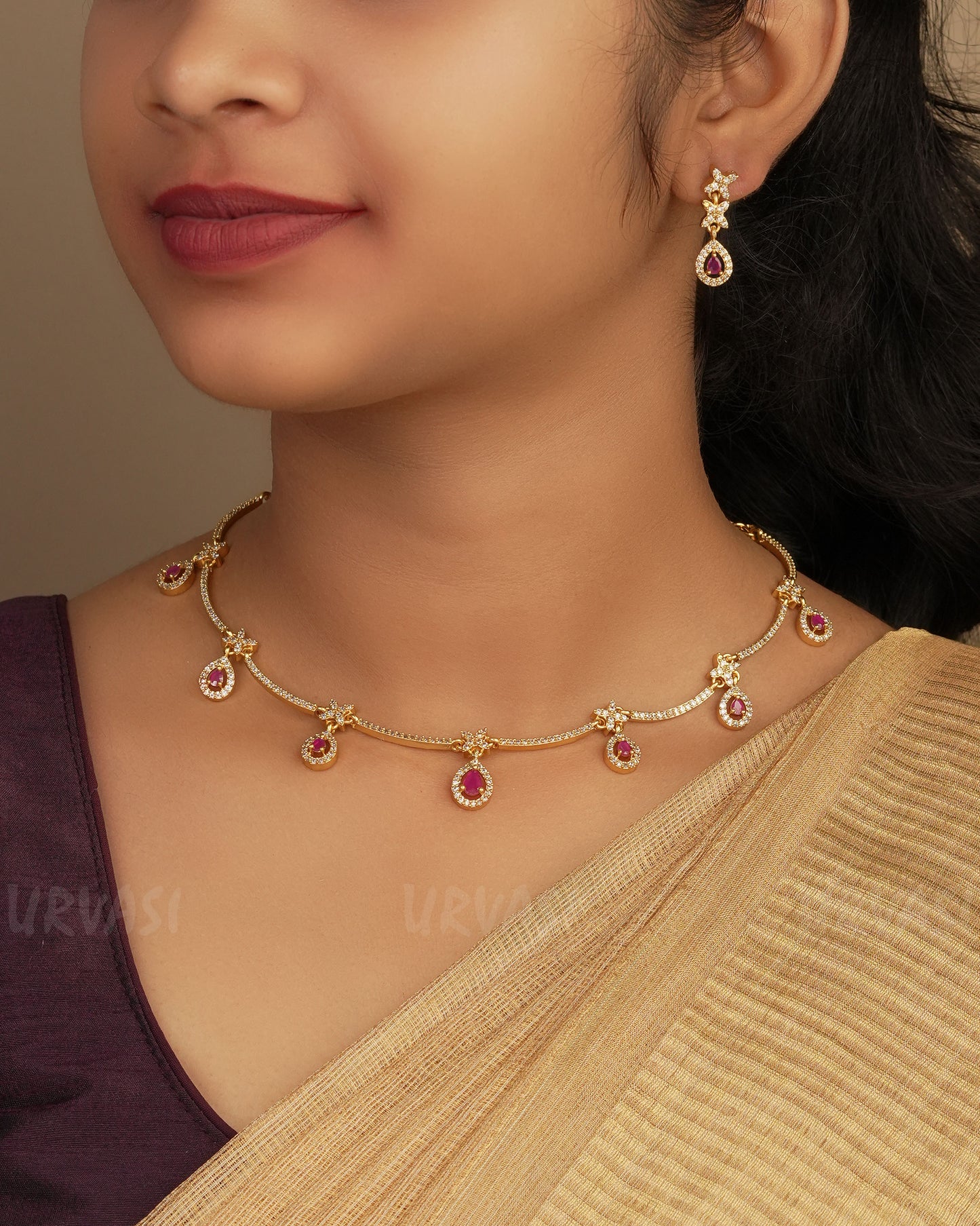 Gold-Polish Red-Stone Teardrop Necklace 1244