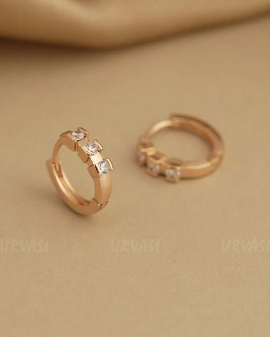 Rose-Gold Polish Three Clear Stone Accents Hoop Earrings ER 799