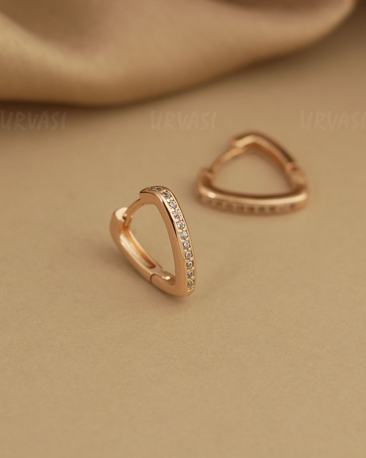 Rose-Gold Polish Cubic Zirconia Triangular Hoops Earrings ER 473