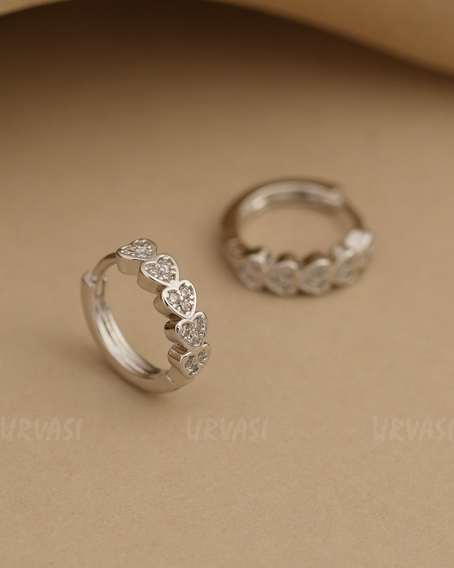 Rhodium Polish Heart Shaped Stone-Studded Hoop Earrings ER 819