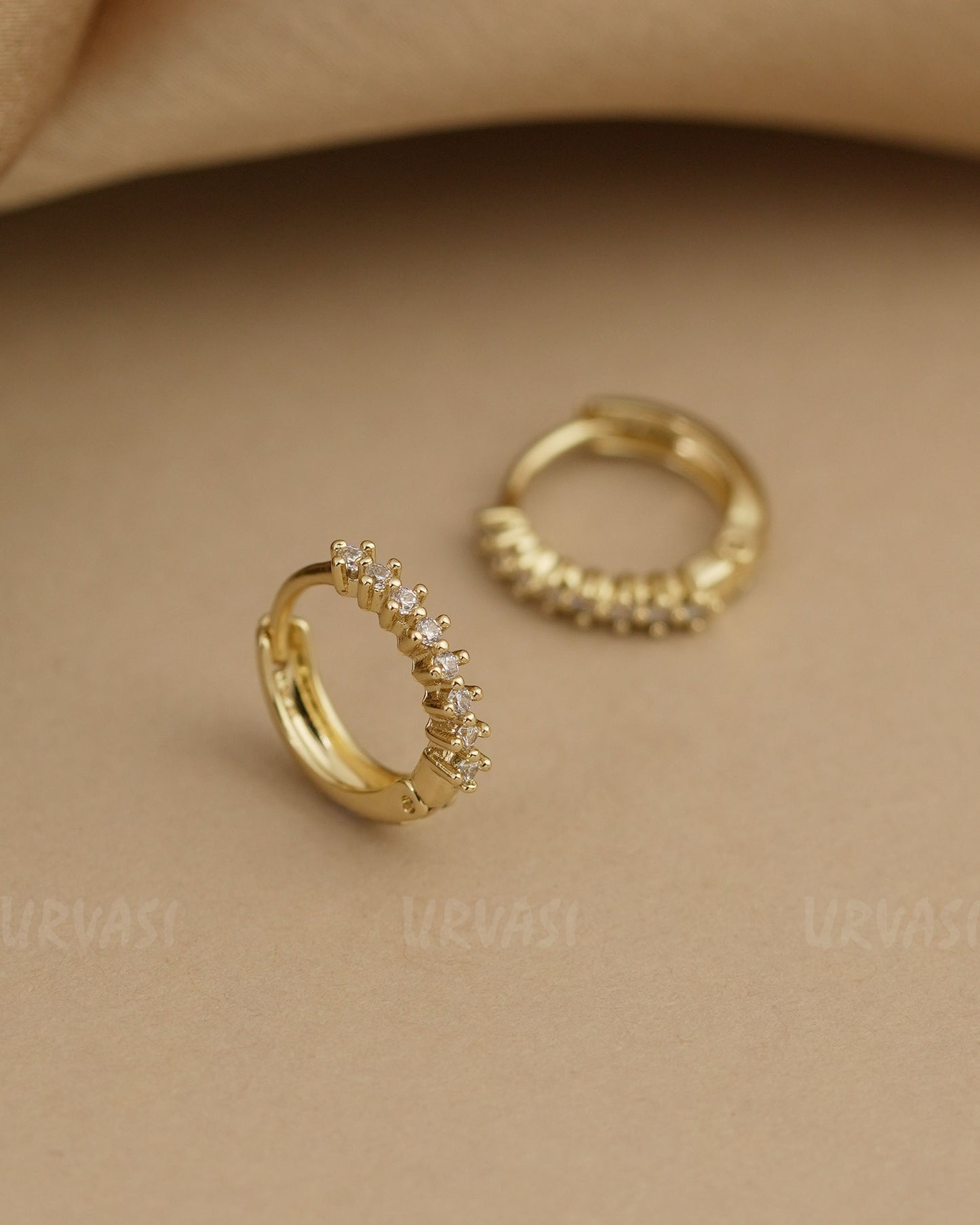 Gold-Polish Cubic Zirconia Studded Hoop Earring ER 784