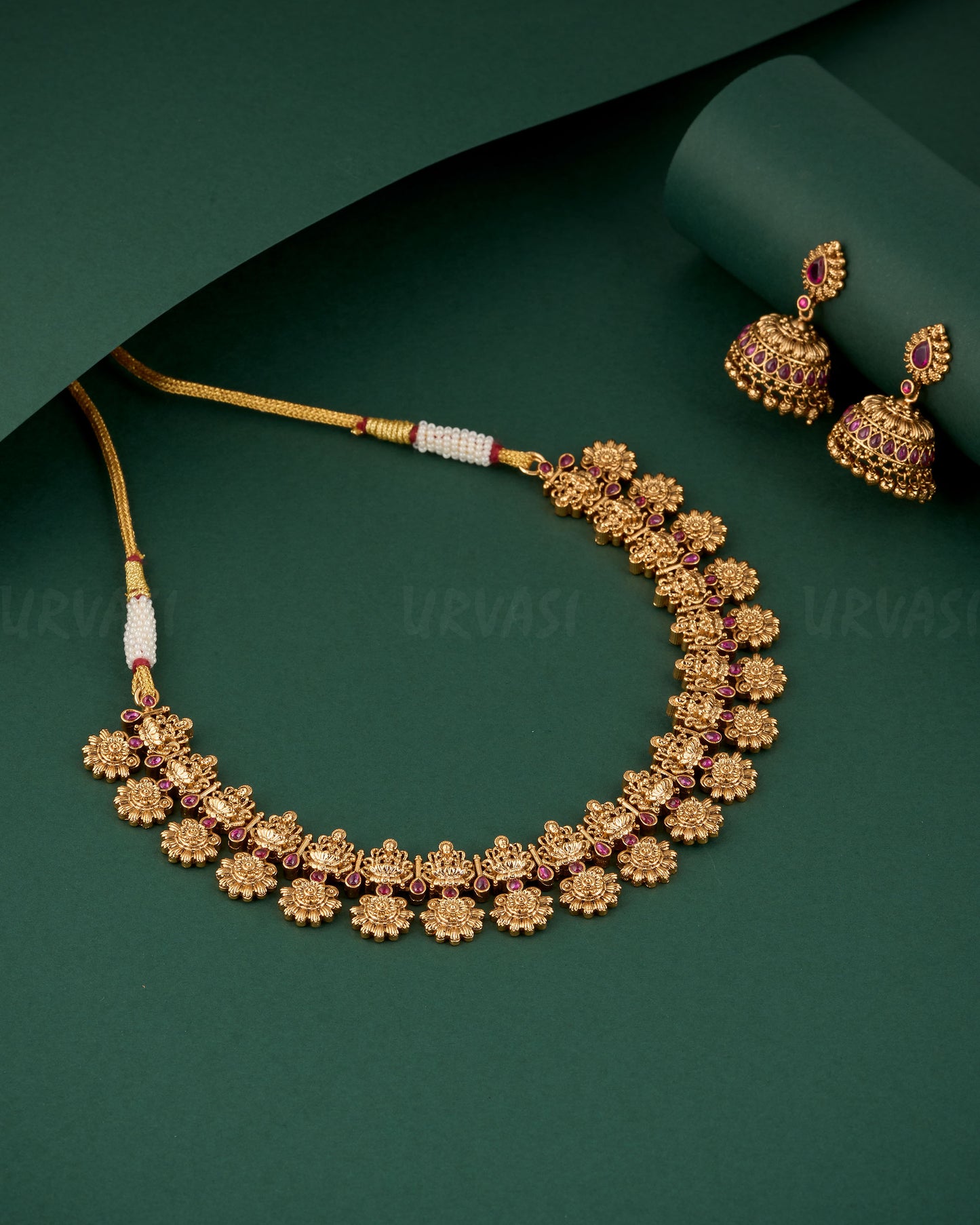 Premium Gold-Polish Lakshmi Floral Necklace 1293