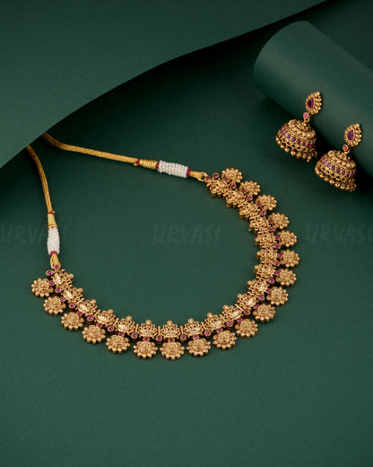 Premium Gold-Polish Lakshmi Floral Necklace 1293