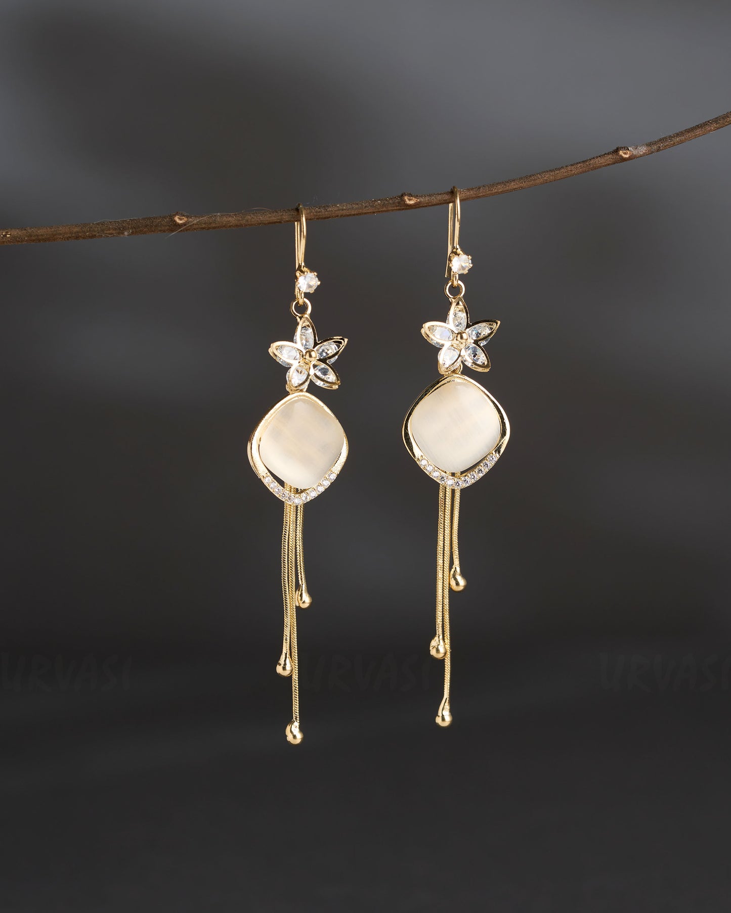 Gold-Polish Floral Korean  Tassel Earrings ER 835