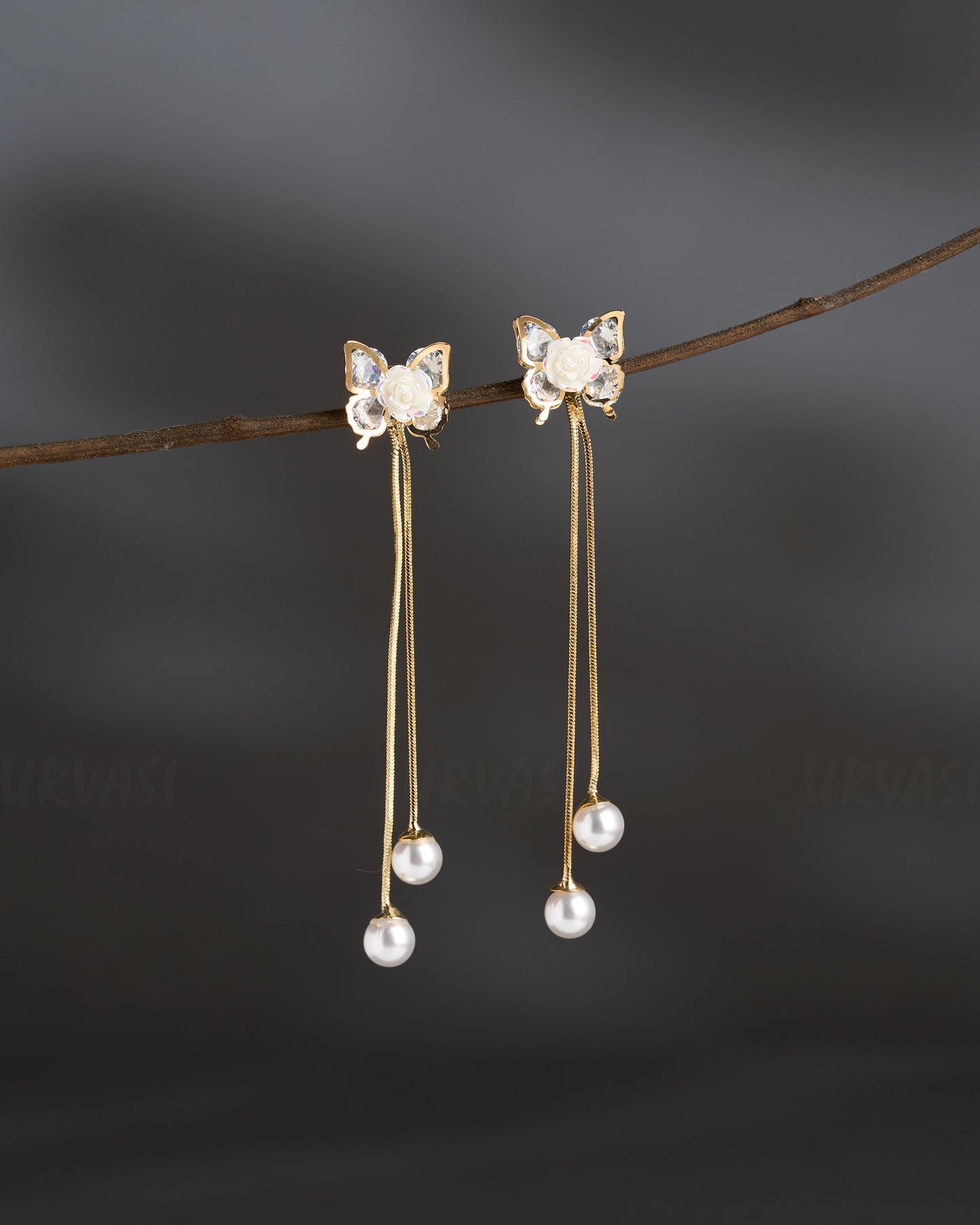 Gold-Polish Butterfly Designed Floral Tassel Earrings ER 836
