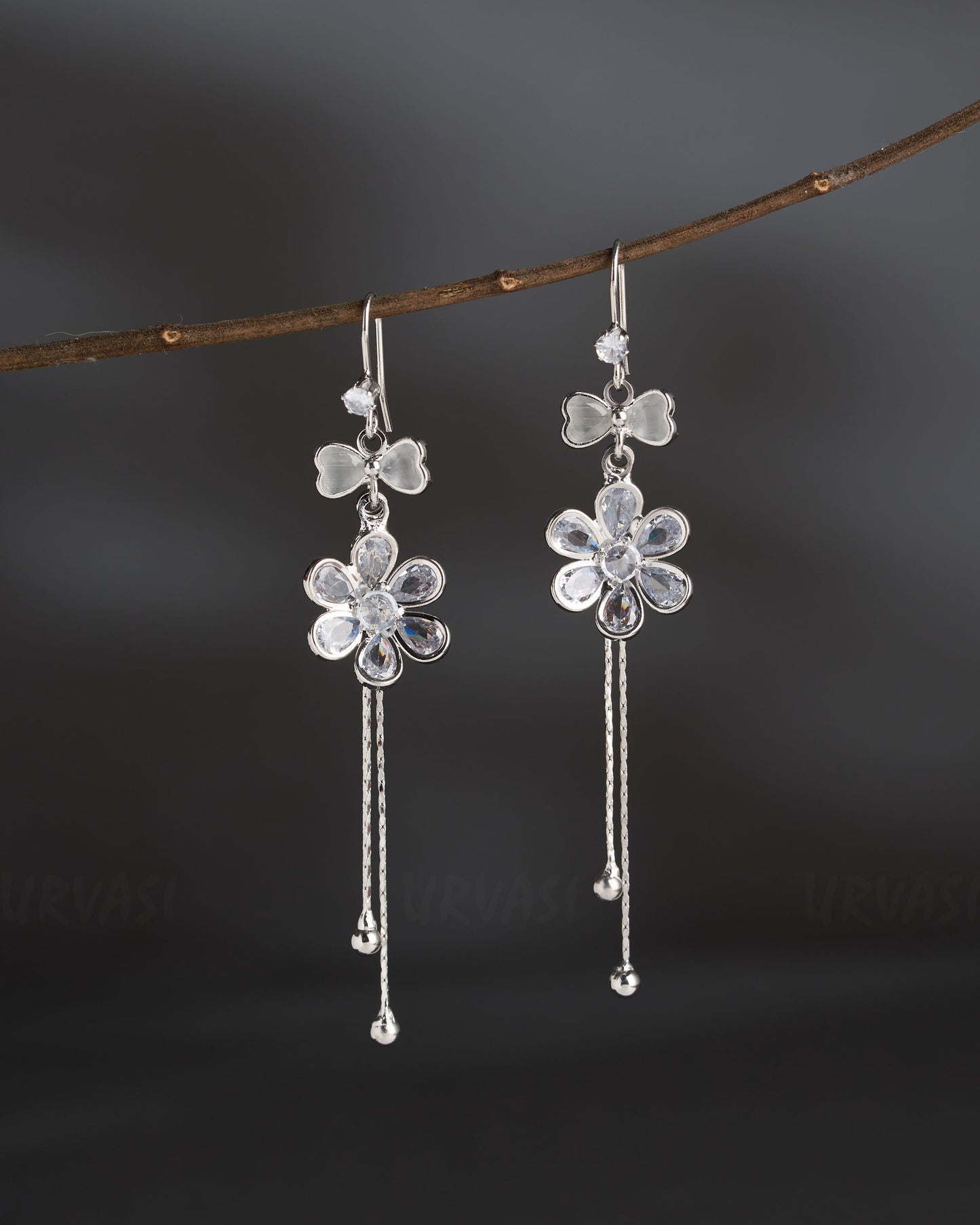 Rhodium Polish Floral Tassel Earrings ER 843