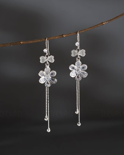 Rhodium Polish Floral Tassel Earrings ER 843