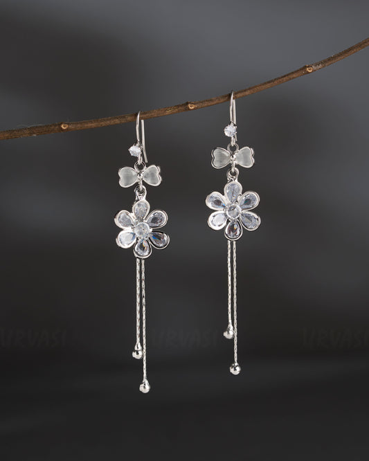 Rhodium Polish Floral Tassel Earrings ER 843