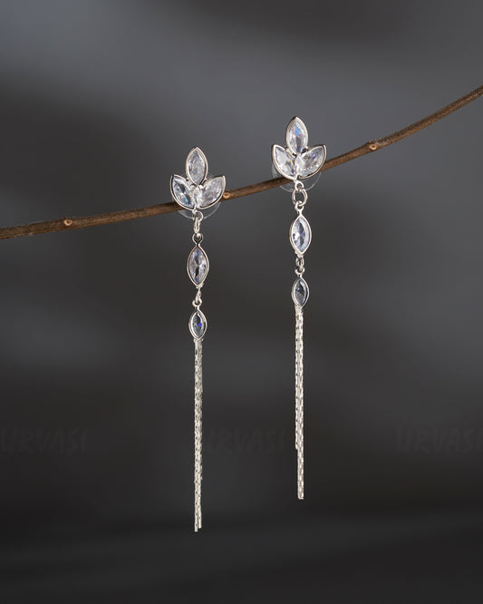 Rhodium Polish Leaf-Designed Tassel Earrings ER 844