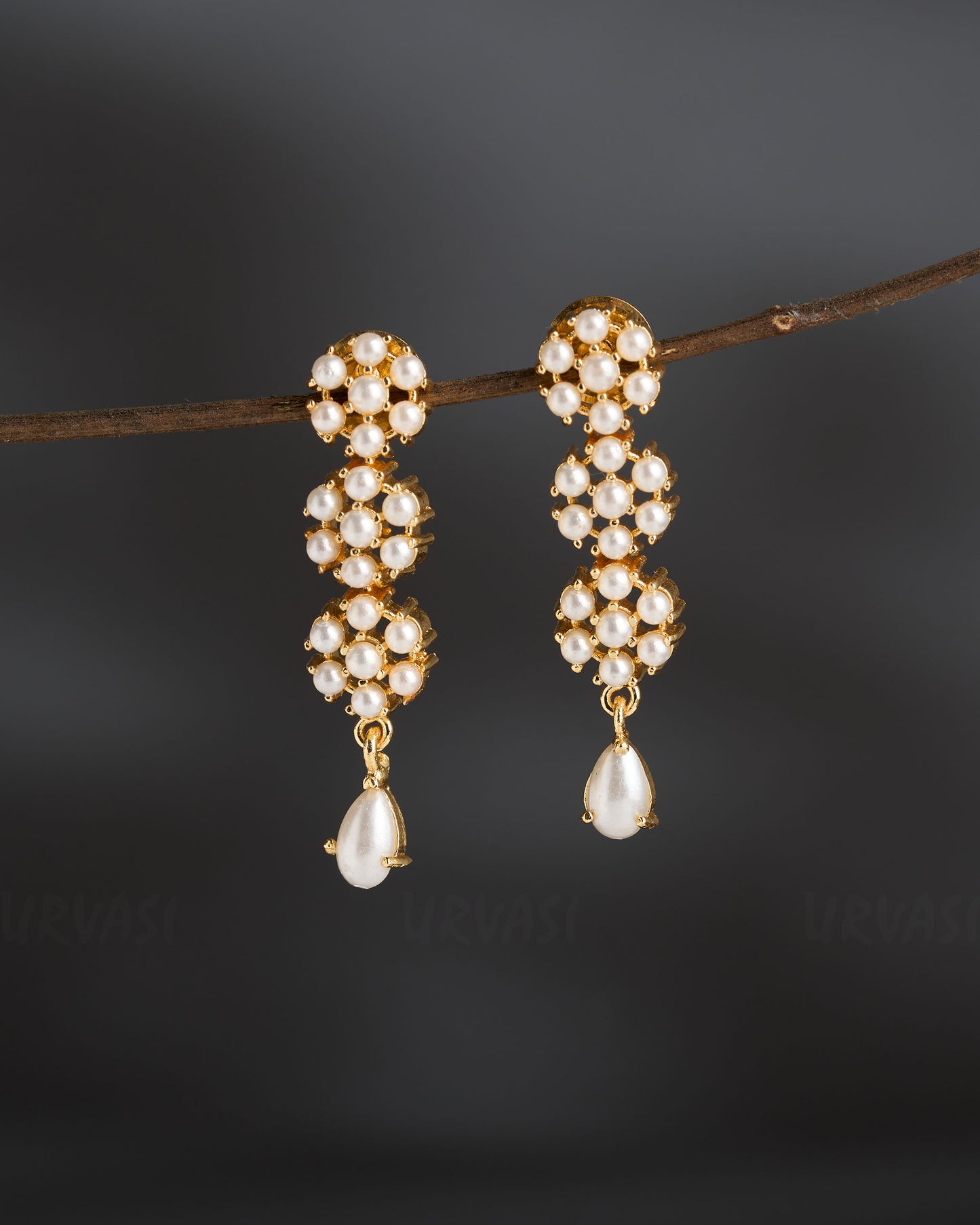 Gold-Polish Floral Pearl Earrings ER 848