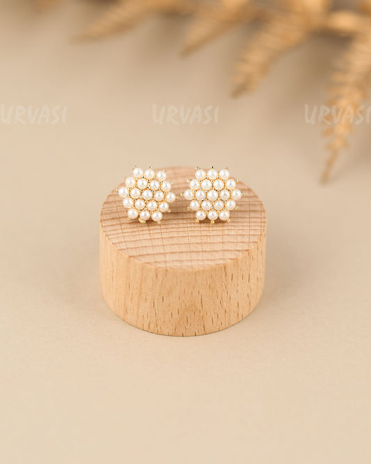 Gold-Polish Floral Pearl Stud-Earrings ER 861