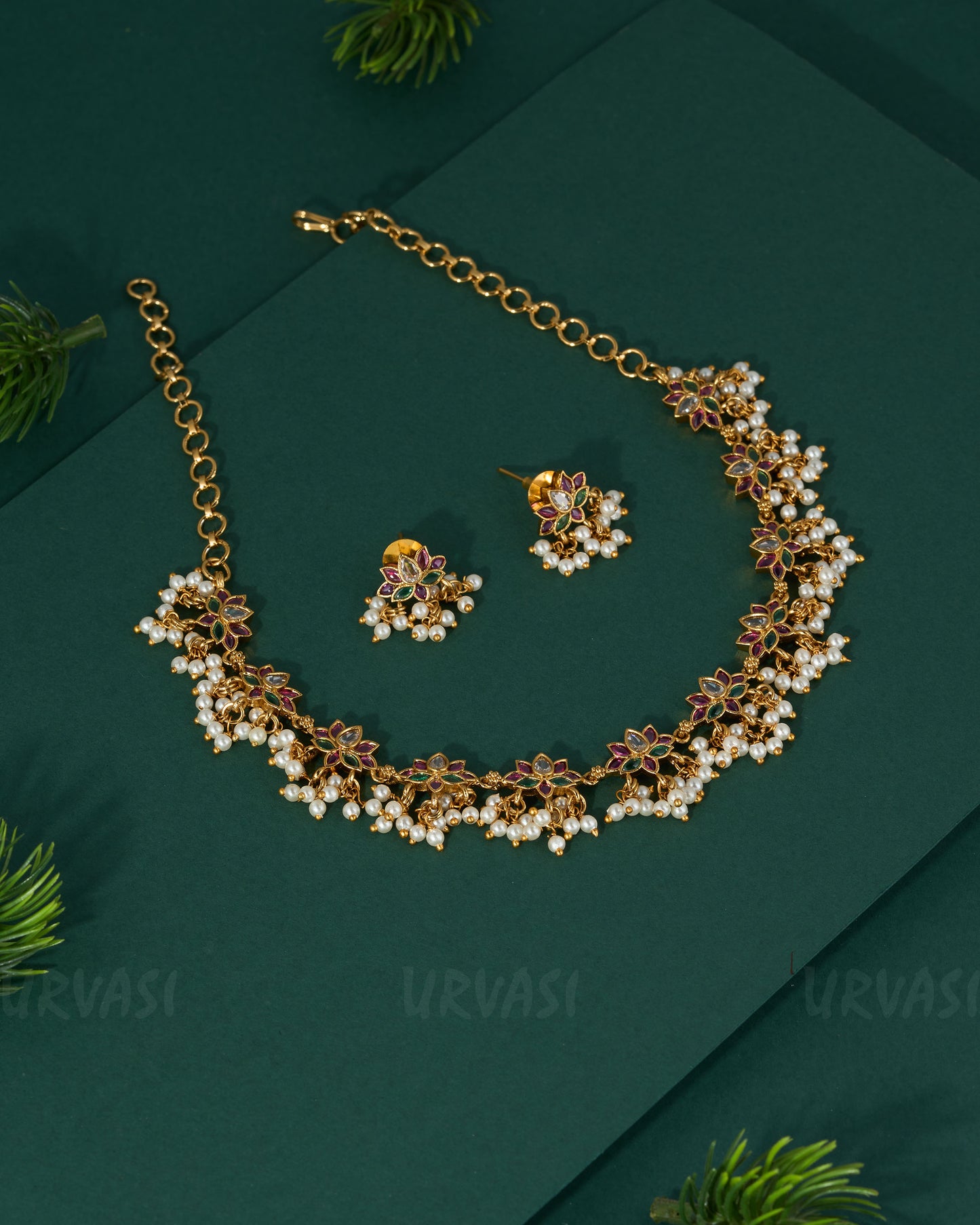 Gold-Toned Lotus Pearl Guttapusalu Necklace 1354
