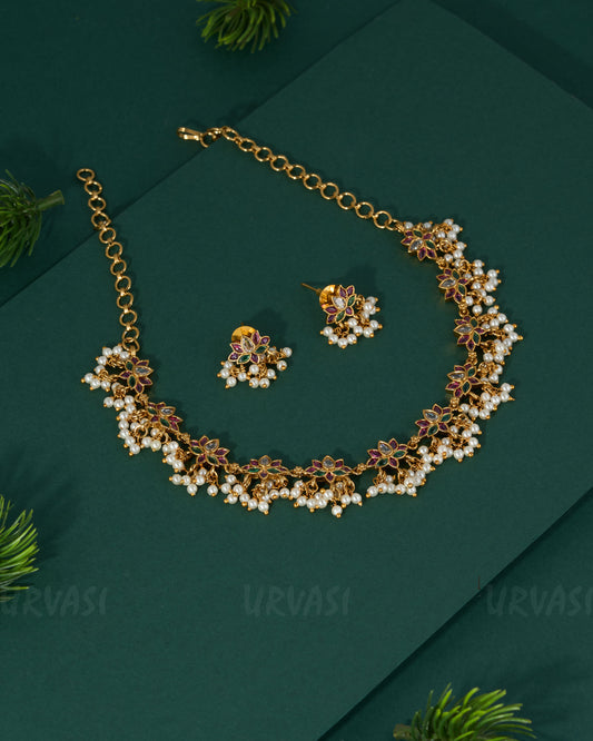 Gold-Toned Lotus Pearl Guttapusalu Necklace 1354