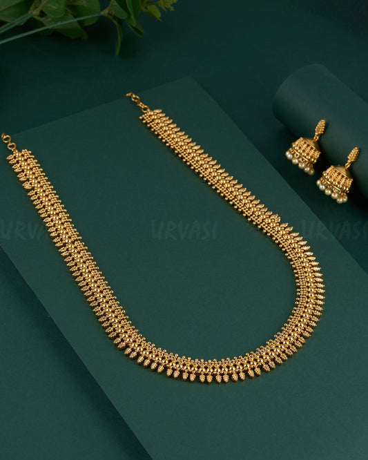 Gold-Toned Leaf-Motif Floral Long Necklace 1357