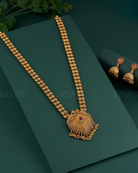 Gold-Toned Peacock Motif Non-Idol Long Necklace 1341