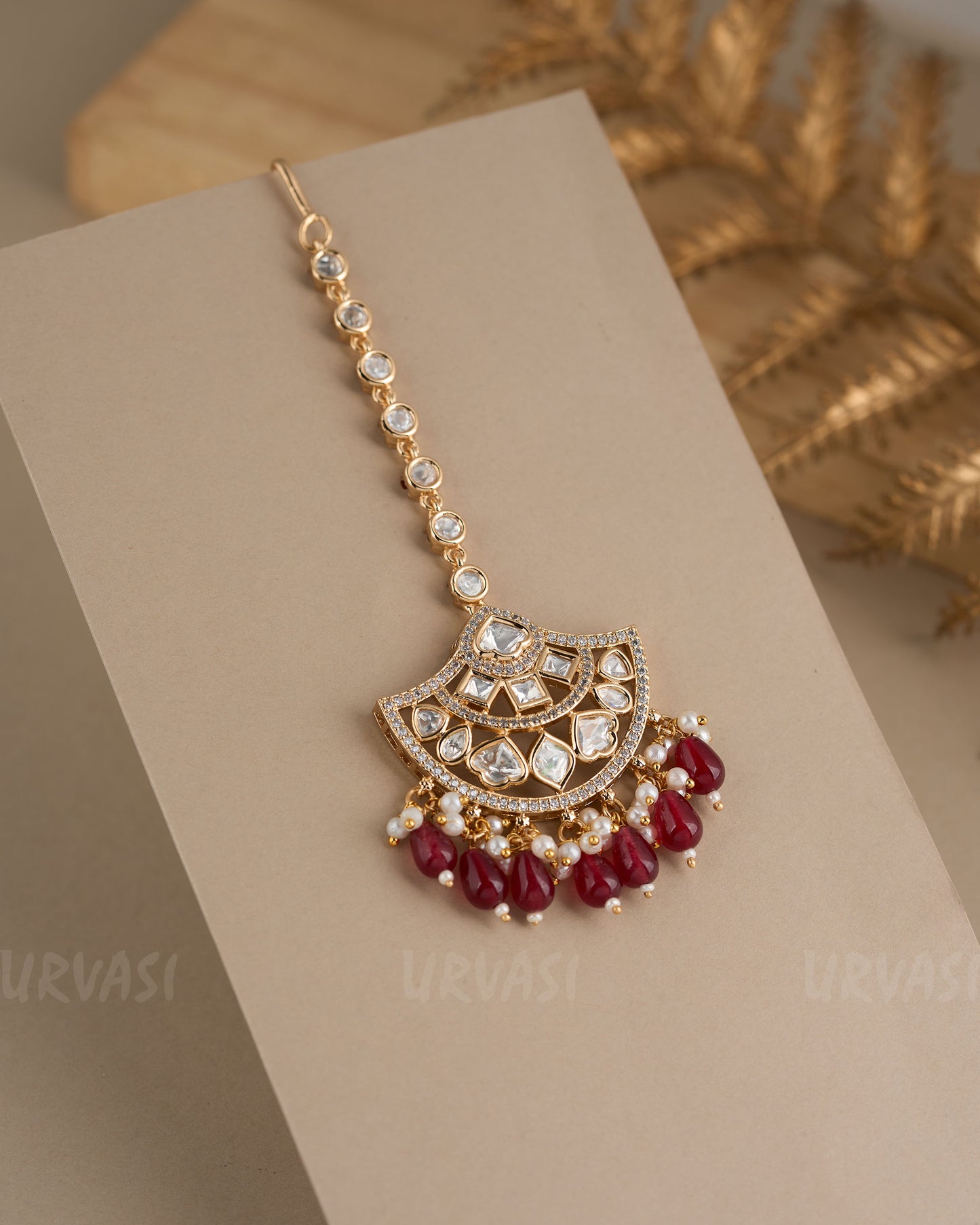 Gold-Toned Crescent Moon Kundan Pearl Hanging Chutty CH 89