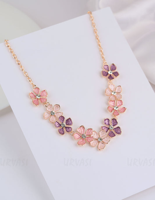 Rose-Gold Polish Floral Pink Enamel Crystal Studded Statement Necklace SN 22