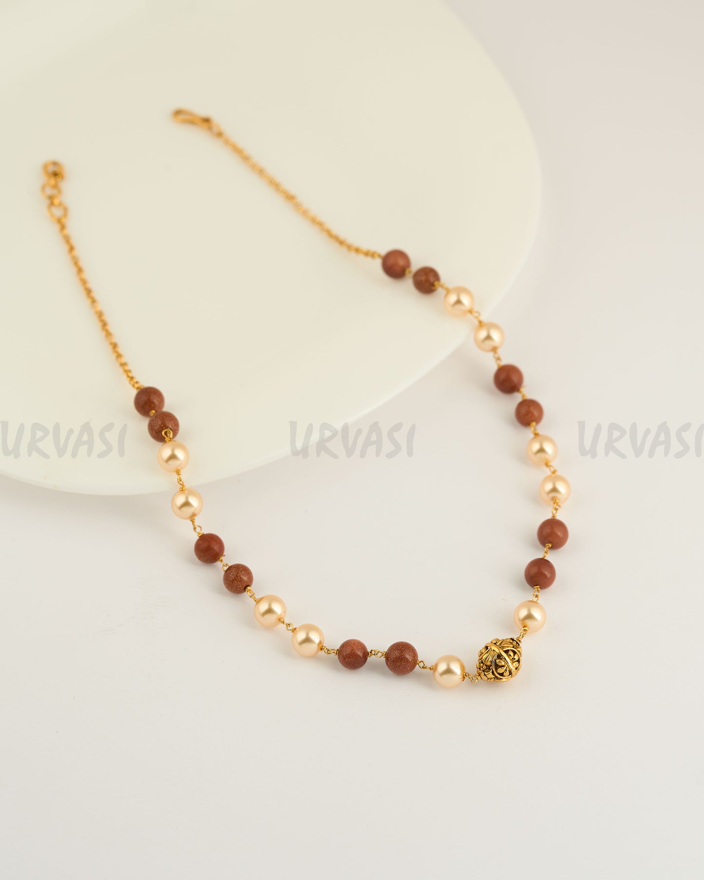 Gold-Toned Brown Agate Pearl Mala Ma 081
