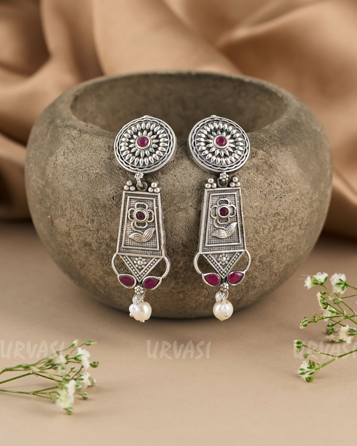 Oxidised Silver Floral Stud Dangle Earrings ER 244