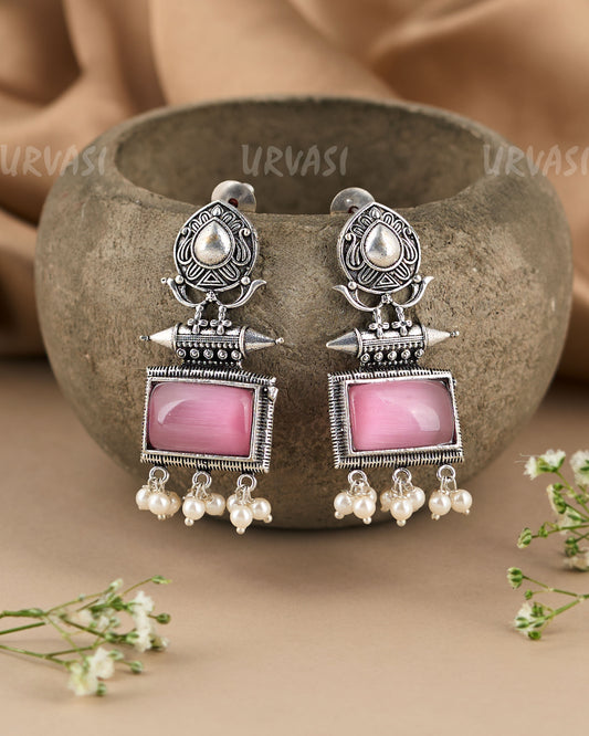 Oxidised Silver Rectangular Floral Motif Pearl Earrings ER 97