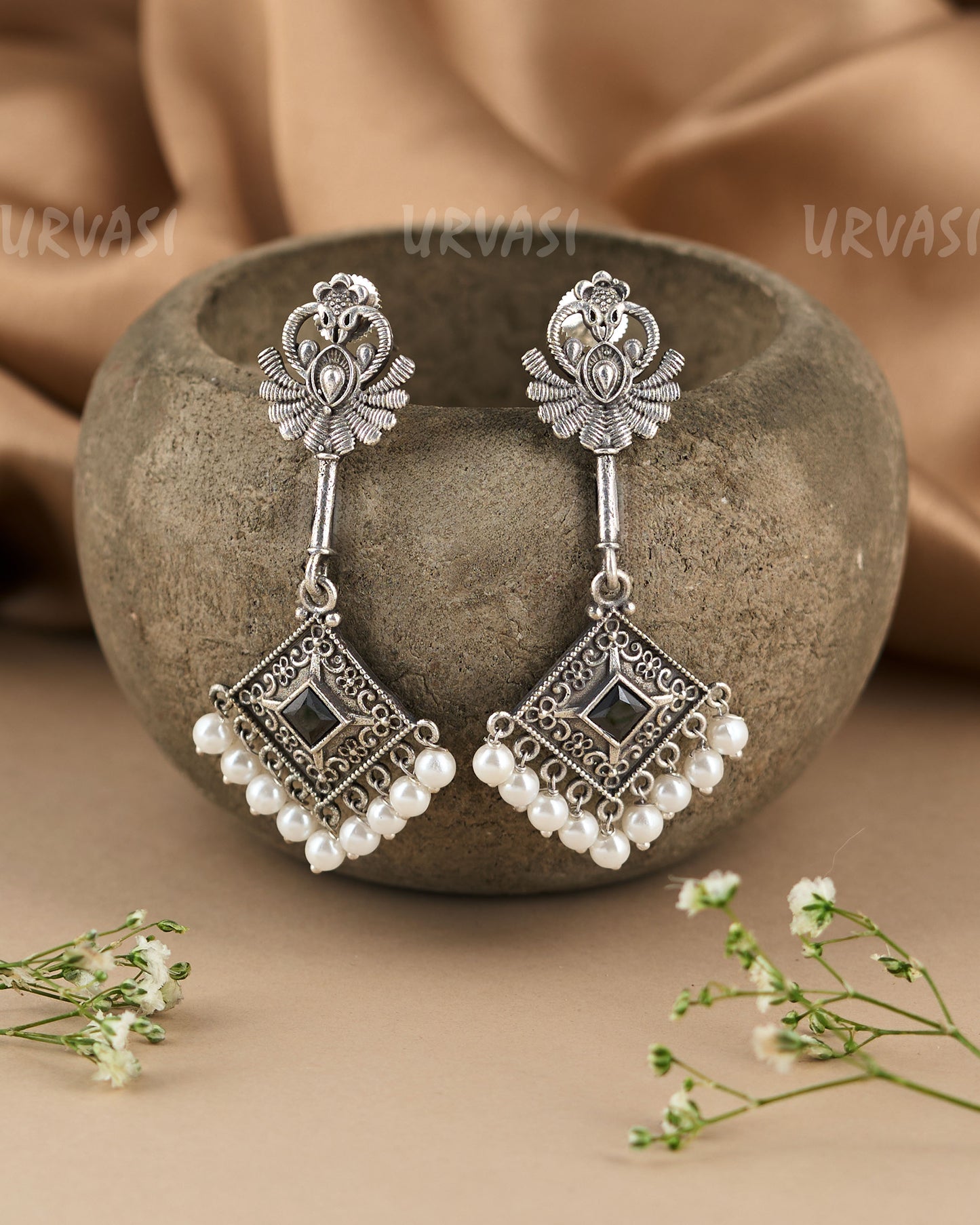 Oxidised Silver Floral accents Peacock Motif Earrings ER 224